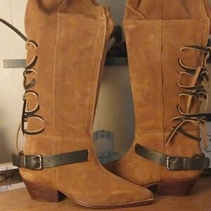 Tan Suede Heeled Boots with Buckle Straps